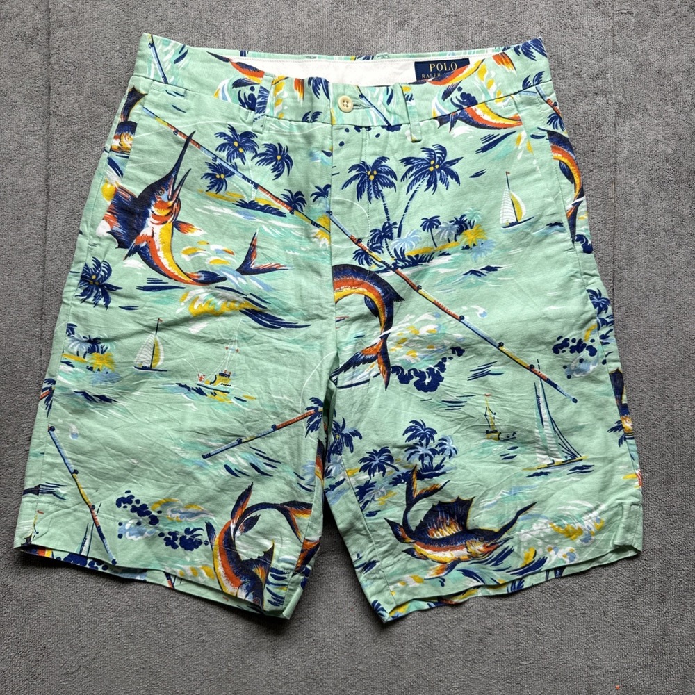 Polo Ralph Lauren Shorts Mens 29 Green Marlin Sailing Yacht Classic Fit 9" Linen